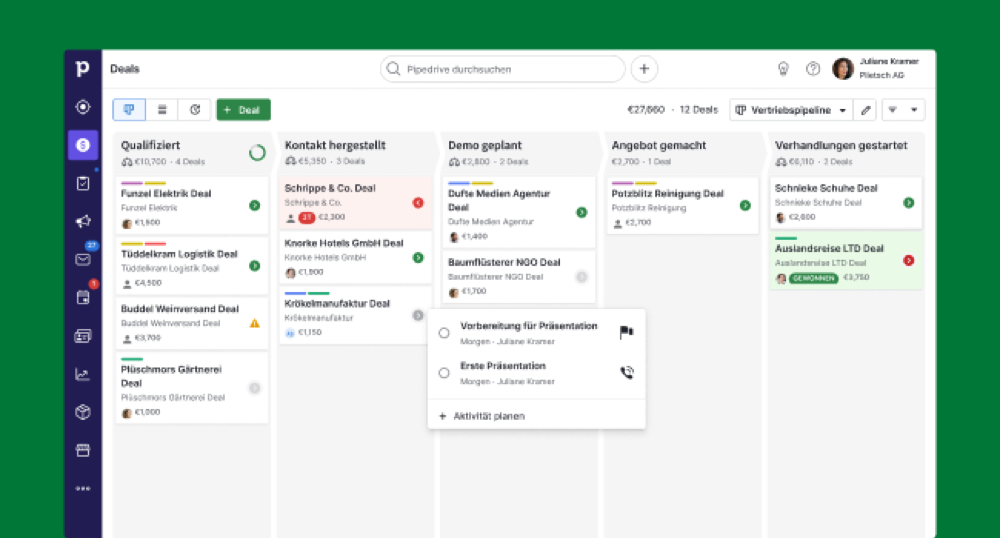 Pipedrive Deal-Pipeline in der Kanban-Ansicht – Deals nach Phasen sortiert